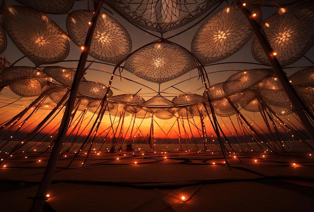 luminous lights hung in a tent at sunset