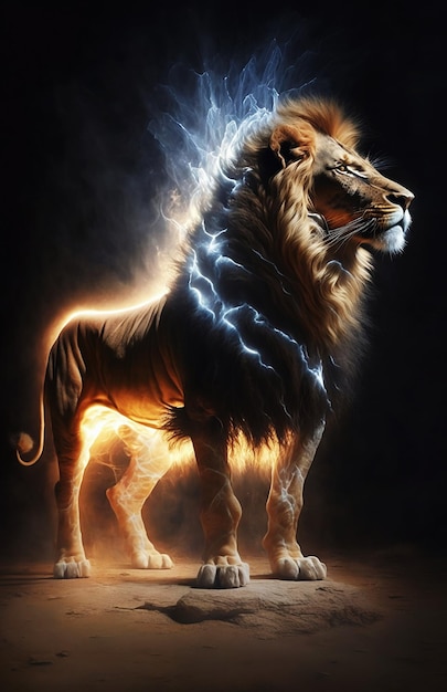 Luminous lion on dark background