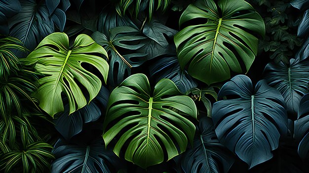 Luminous Monstera Delight A Symphony of Green Leaves in Mysterious Jungle Shadows