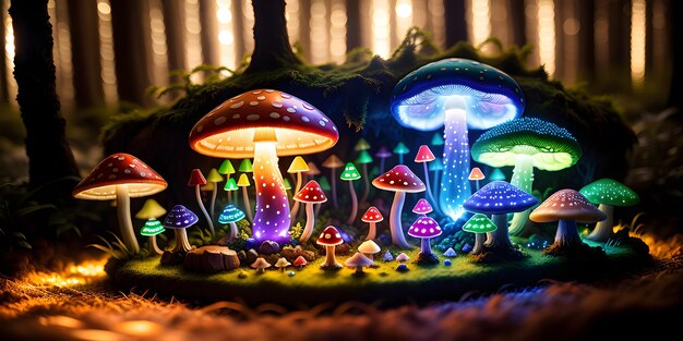 Luminous mushrooms in a dusky forest contrasting bright illustration ai generated