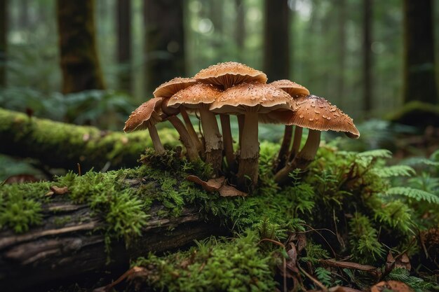 Luminous mushrooms on a mossy log in forest