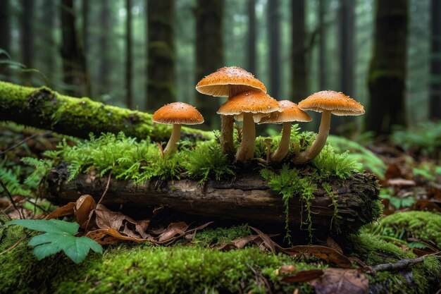 写真 森 の 茂み の ある 丸太 の 上 に 輝く キノコ