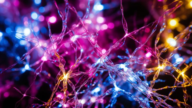 Foto rete neurale luminosa di fibre illuminata da luci multicolori nell'oscurità