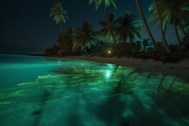 Luminous ocean paradise palm night blue vacation beach tree tropical sky Generative AI