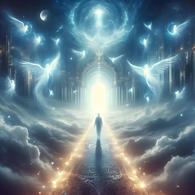 Luminous pathway leading souls towards the heavenly gates The souls journey of rebirth