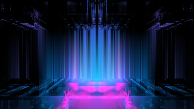 Luminous podium wall reflection neon glass geometric blurred shapes futurism bright colors stripes Showcase for a beauty product 3d render