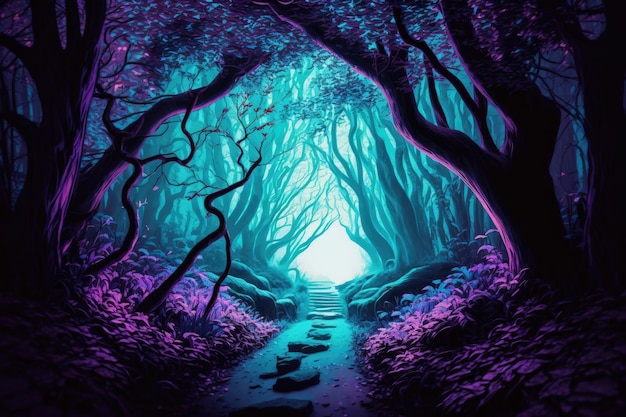 Luminous purple and cyan pathway through a forest straight out of a fairy tale