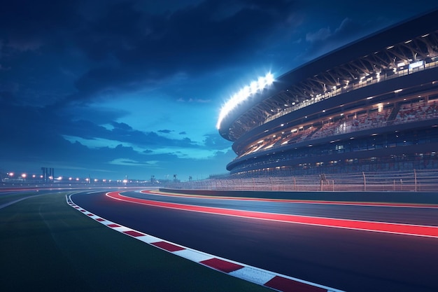 スタジアムの明るいレースコースは,夕方の空の下で電気化されます.