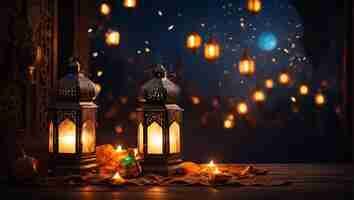 Photo luminous ramadan crescent and lanterns lighting up ramadan kareem greeting