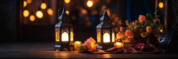 Photo luminous ramadan crescent and lanterns lighting up ramadan kareem greeting