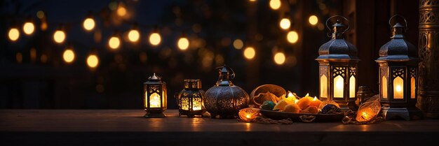 Photo luminous ramadan crescent and lanterns lighting up ramadan kareem greeting