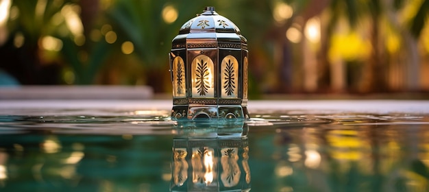 A luminous Ramadan glass lantern at night floating over a pool of water with a background of palm