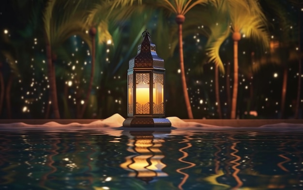 A luminous Ramadan glass lantern at night floating over a pool of water with a background of palm
