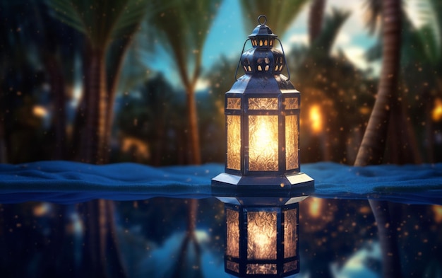 A luminous Ramadan glass lantern at night floating over a pool of water with a background of palm