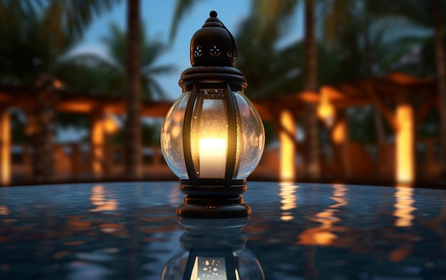 A luminous Ramadan glass lantern at night floating over a pool of water with a background of palm