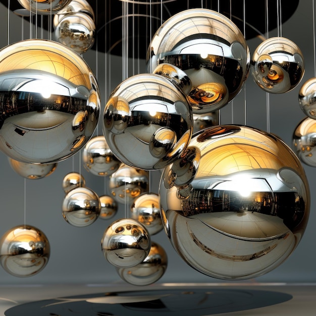 Luminous spheres of silver and gold suspended in a void