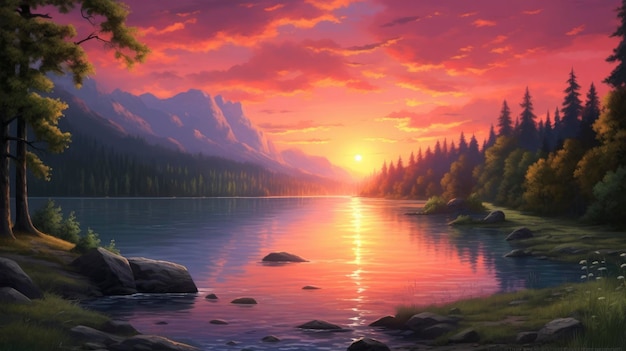 Luminous sunset over a peaceful lake Created with Generative AI technology