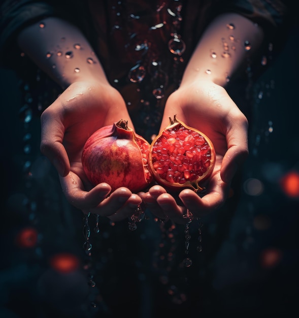 Photo the luminous surrealism a dreamlike encounter with an upside down juicy pomegranate embraced by fa