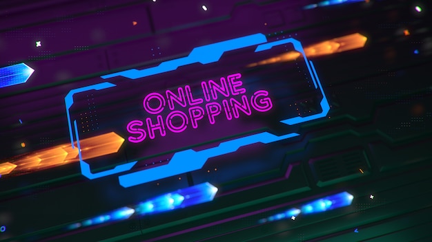 A luminous tech sign with the inscription ONLINE SHOPPING