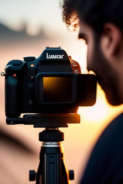 A lumix camera is shown on a tripod.