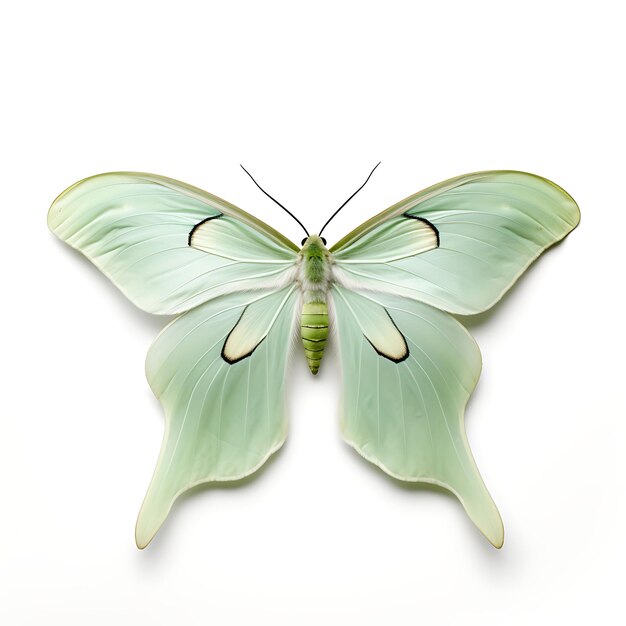 Luna moth featuring its pale green wings with long on white background beauty top view shoot