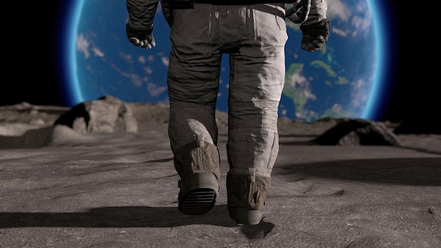 写真 宇宙服を着た月面の宇宙飛行士が月面を歩いている 惑星地球が見える 3dレンダリング