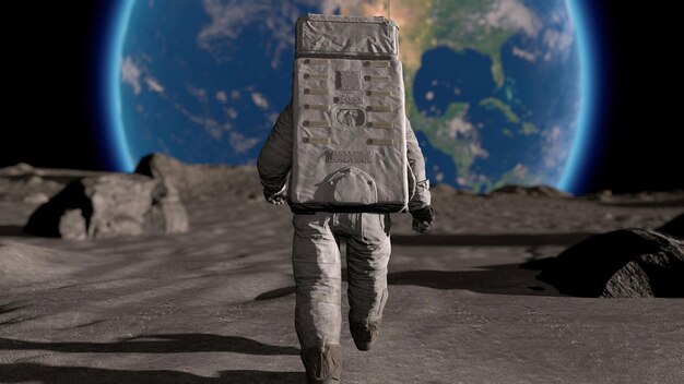 Photo lunar astronaut in space suit walking on the moon planet earth is visible 3d rendring