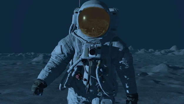 Lunar Astronaut In Space Suit Walking On the Moon Planet Earth Is Visible 3d rendring