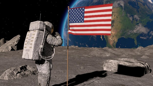 Foto l'astronauta lunare cammina sulla luna con la bandiera americana la infila nella superficie lunare e saluta