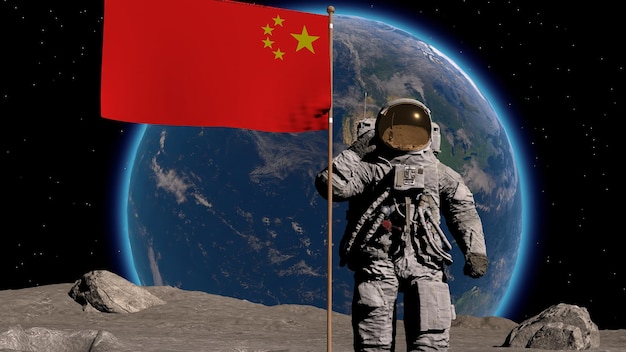 Photo lunar astronaut walks on the moon with chinese flag sticks it into the lunar surface and salutes