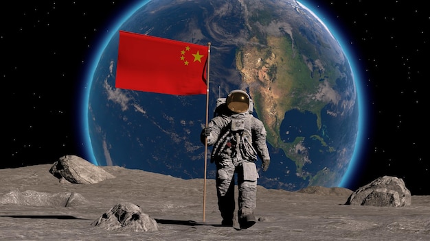 写真 月面の宇宙飛行士が中国国旗を持って月面を歩き ⁇ 月面にそれを貼り付けて敬礼します ⁇