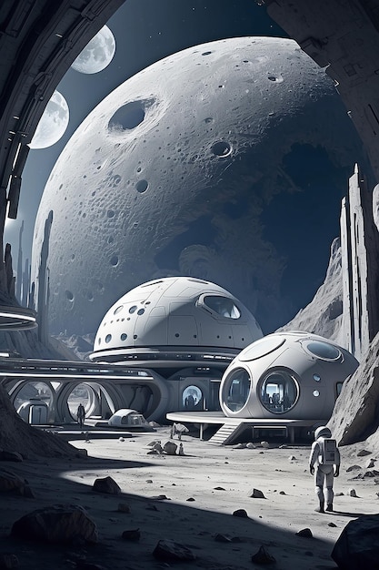 Foto una base lunare con habitat a cupola e tecnologia spaziale futuristica