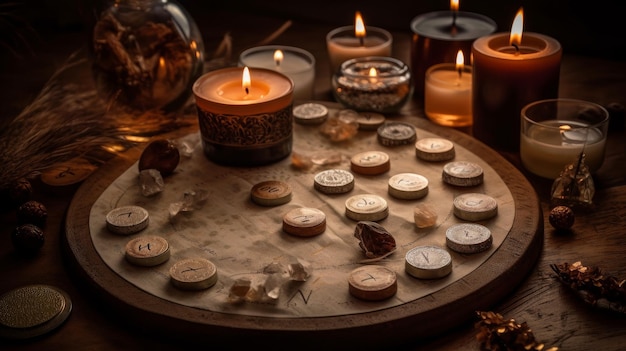 Lunar calendar with crystals and candles AI generated