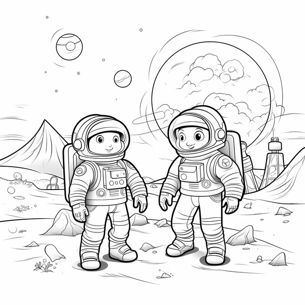 Photo lunar landing fun cartoon coloring page with astronauts