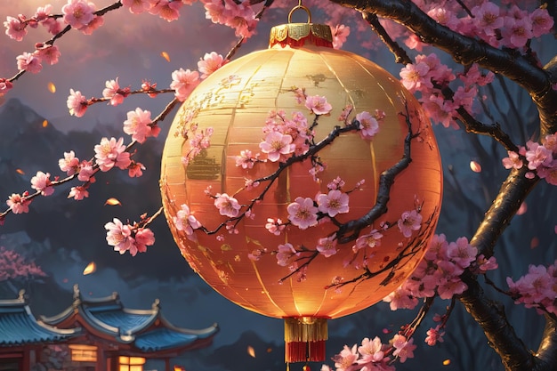 Lunar New Year achtergrondbeeld van een lantaarn die op een perziktak hangt in abstracte ontwerpstijl