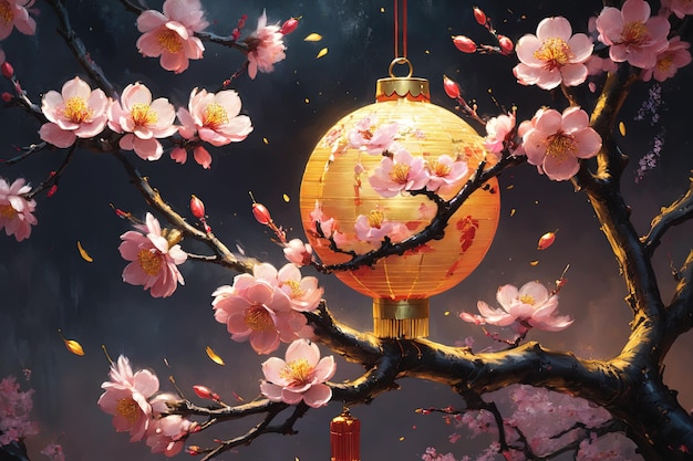 Lunar New Year achtergrondbeeld van een lantaarn die op een perziktak hangt in abstracte ontwerpstijl