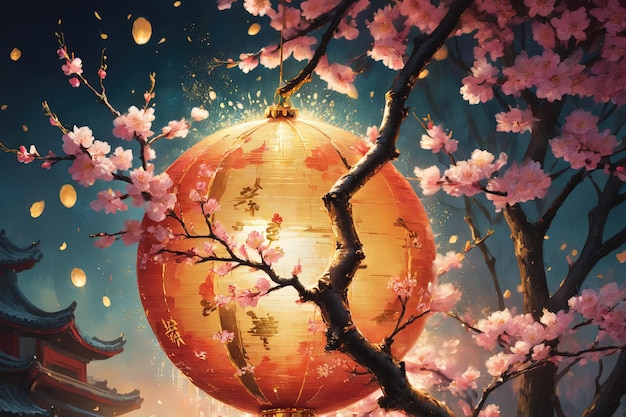 Фонный образ лунного Нового года фонаря, висящего на персиковой ветви в абстрактном стиле дизайна