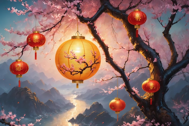 Lunar New Year background image of a lantern hanging on a peach branch in abstract design style