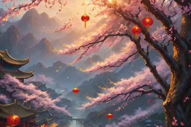 Lunar New Year background image of a lantern hanging on a peach branch in abstract design style