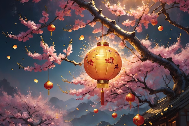 Lunar New Year background image of a lantern hanging on a peach branch in abstract design style