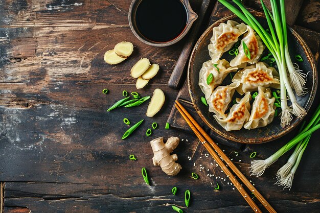 Photo lunar new year guotie setup on dark wood surface