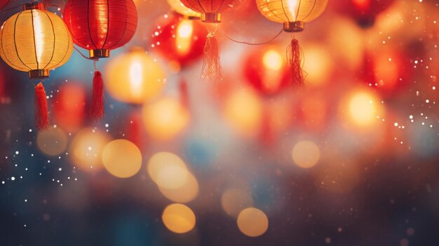 Photo lunar new year holiday background red chinese lanterns on beautiful bokeh background with copyspace for your greetings text