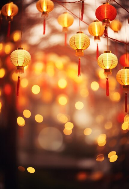 Foto lunar new year vakantie achtergrond rode chinese lantaarns op een prachtige bokeh achtergrond met copyspace voor uw groeten tekst