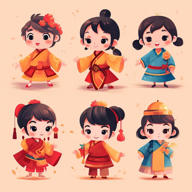 Foto lunar new year whimsy cute e femminile clip art set in colori vivaci