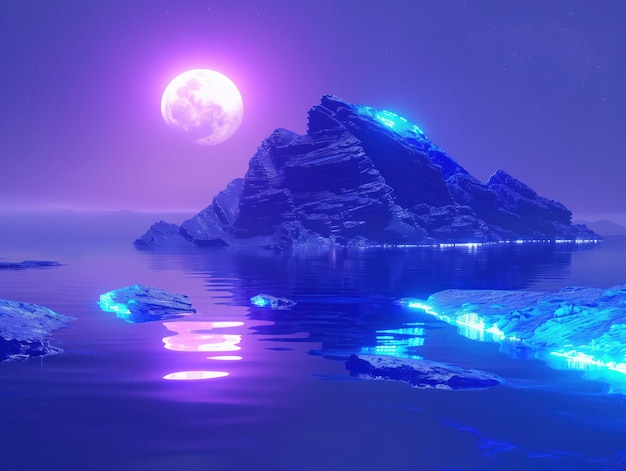 Lunar Radiance on Mystic Shores Een heldere volle maan hangt over een mystiek landschap waar stralende blauwe ijsformaties zich reflecteren op rustige wateren onder de betovering van de serene omhelzing van de nacht.