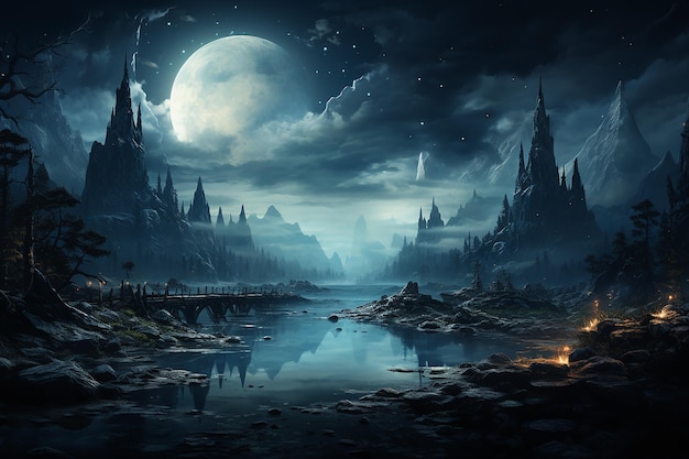 Photo lunar serenity an ethereal scene illuminated by moonlight mesmerizing and enchanting