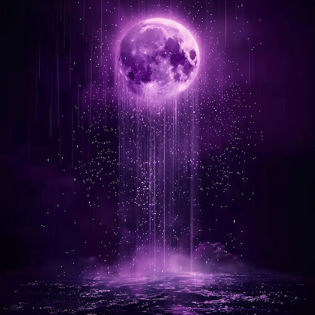 Lunar Shining Rain With Moonlit Droplets and Purple Mystic C Glowing Y2K Collage Neon Background