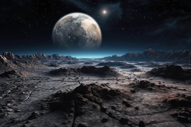 Lunar surface with earth in the background created with generative ai