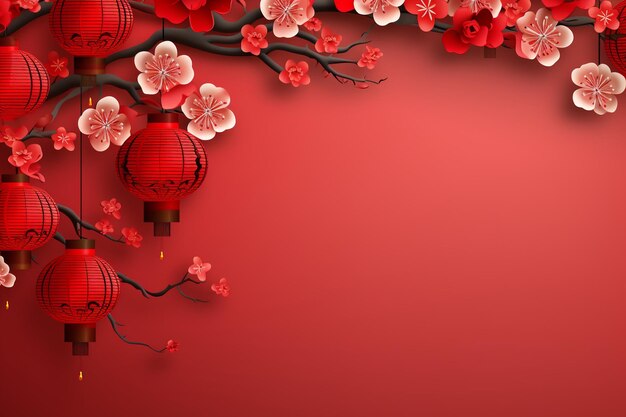 Photo lunar year decorative background with plum flowers and lanterns