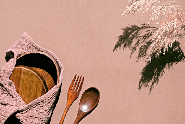 Lunch box bamboo fork and spoon wrapped in furoshiki cloth wild pampas grass